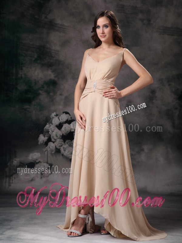 Champagne Column Spaghetti Straps Beaded and Ruched Bridesmaid Dress