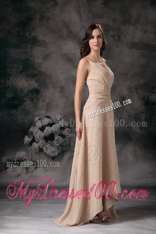 Champagne Column Spaghetti Straps Beaded and Ruched Bridesmaid Dress