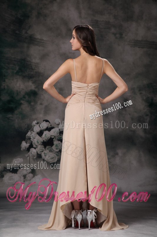 Champagne Column Spaghetti Straps Beaded and Ruched Bridesmaid Dress