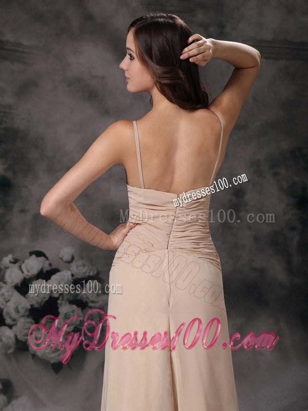 Champagne Column Spaghetti Straps Beaded and Ruched Bridesmaid Dress