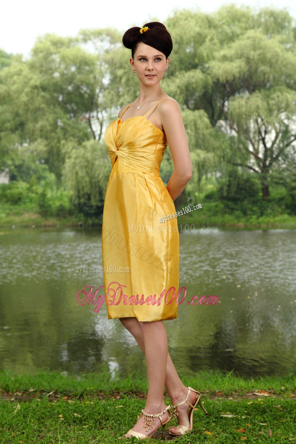 Column Straps Knee-length Yellow Taffeta Ruched Bridesmaid Dress