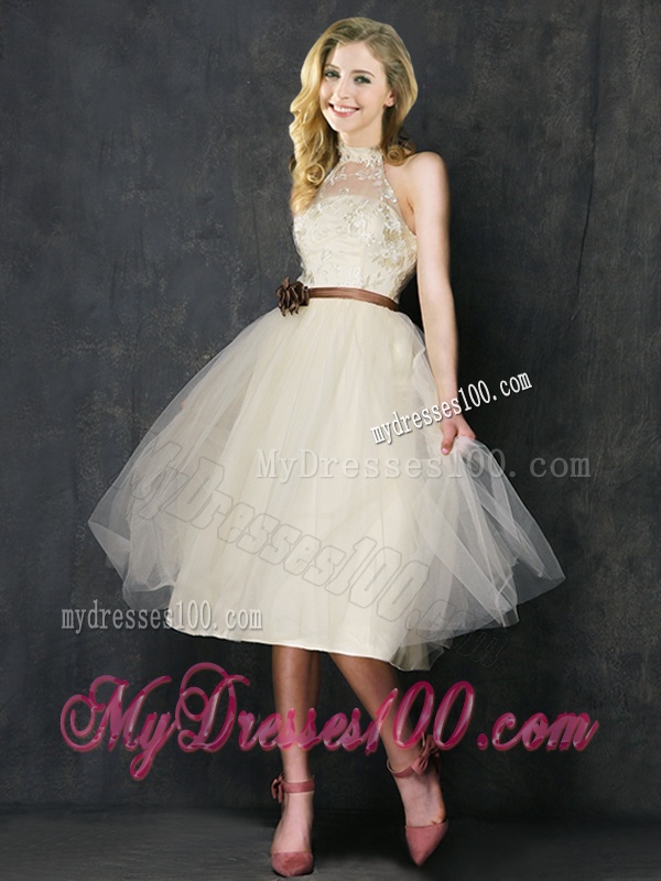 Sweet High Neck Champagne Bridesmaid Dress with Hand Made Flowers and Lace
