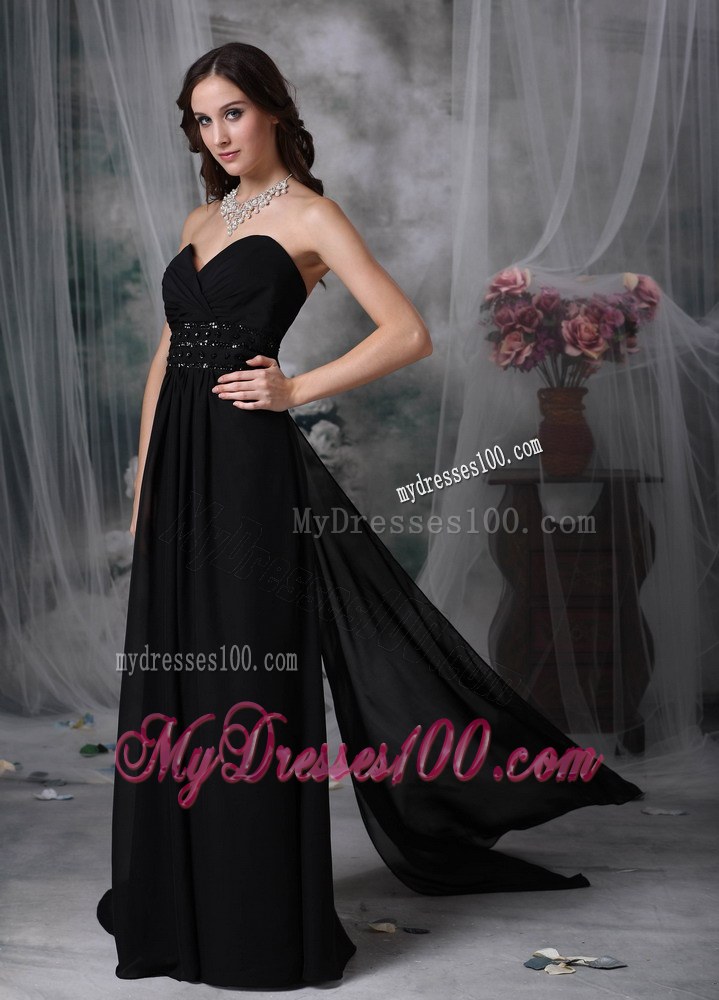 Sweetheart Beaded Black Chiffon Bridesmaid Dress with Watteau Train