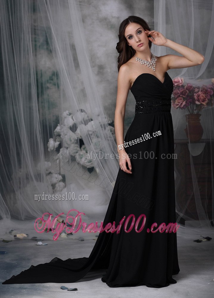 Sweetheart Beaded Black Chiffon Bridesmaid Dress with Watteau Train