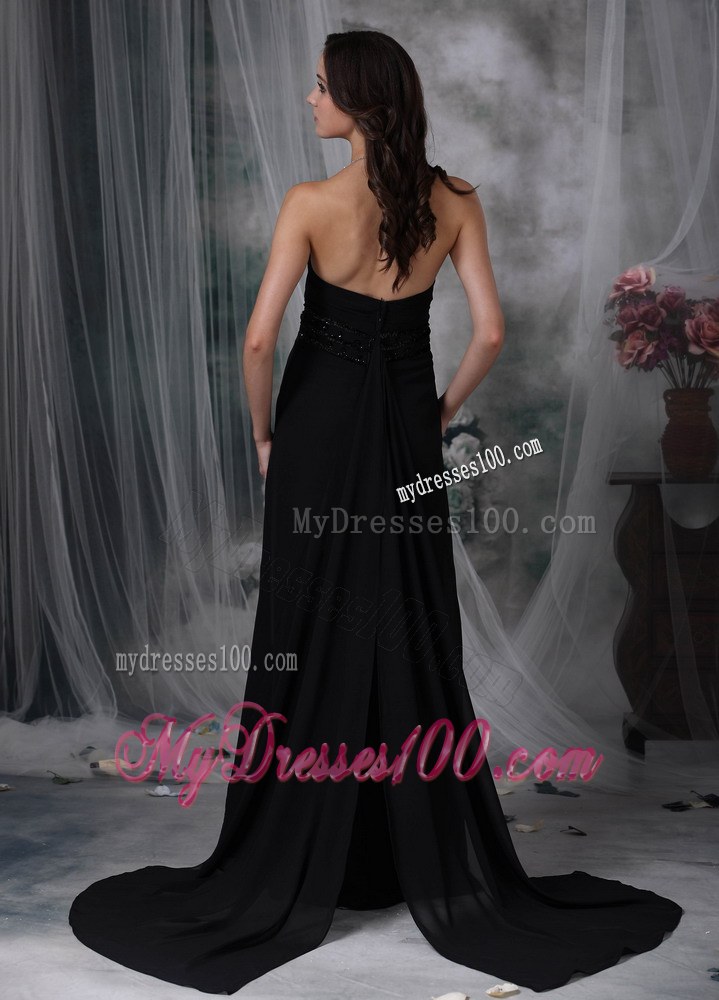 Sweetheart Beaded Black Chiffon Bridesmaid Dress with Watteau Train