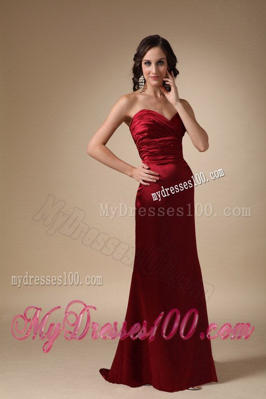 Wine Red Column Sweetheart Brush Train Satin Ruch Prom / Evening Dress