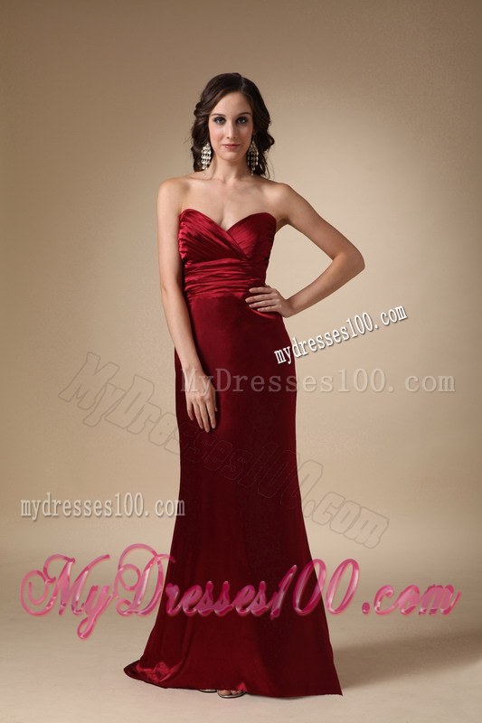 Wine Red Column Sweetheart Ruche Brush Train Bridesmaid Dress