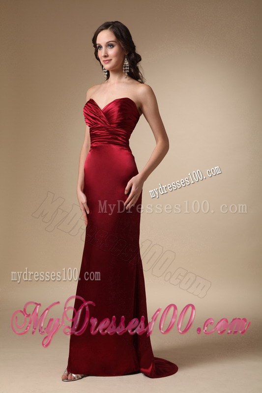 Wine Red Column Sweetheart Ruche Brush Train Bridesmaid Dress