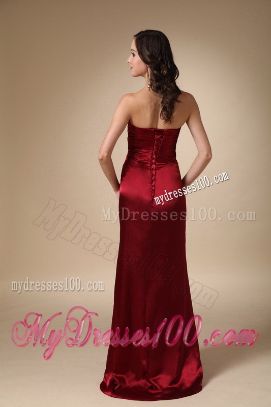 Wine Red Column Sweetheart Brush Train Satin Ruch Prom / Evening Dress