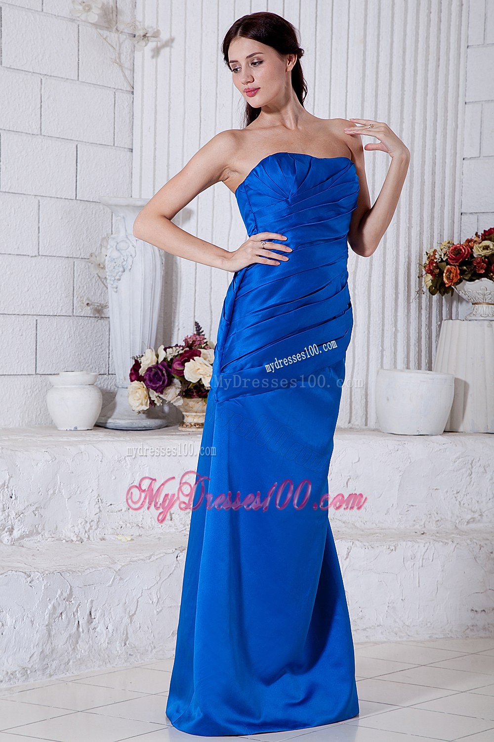 Royal Blue Column Strapless Ruched Bridesmaid Dress with Brush Train