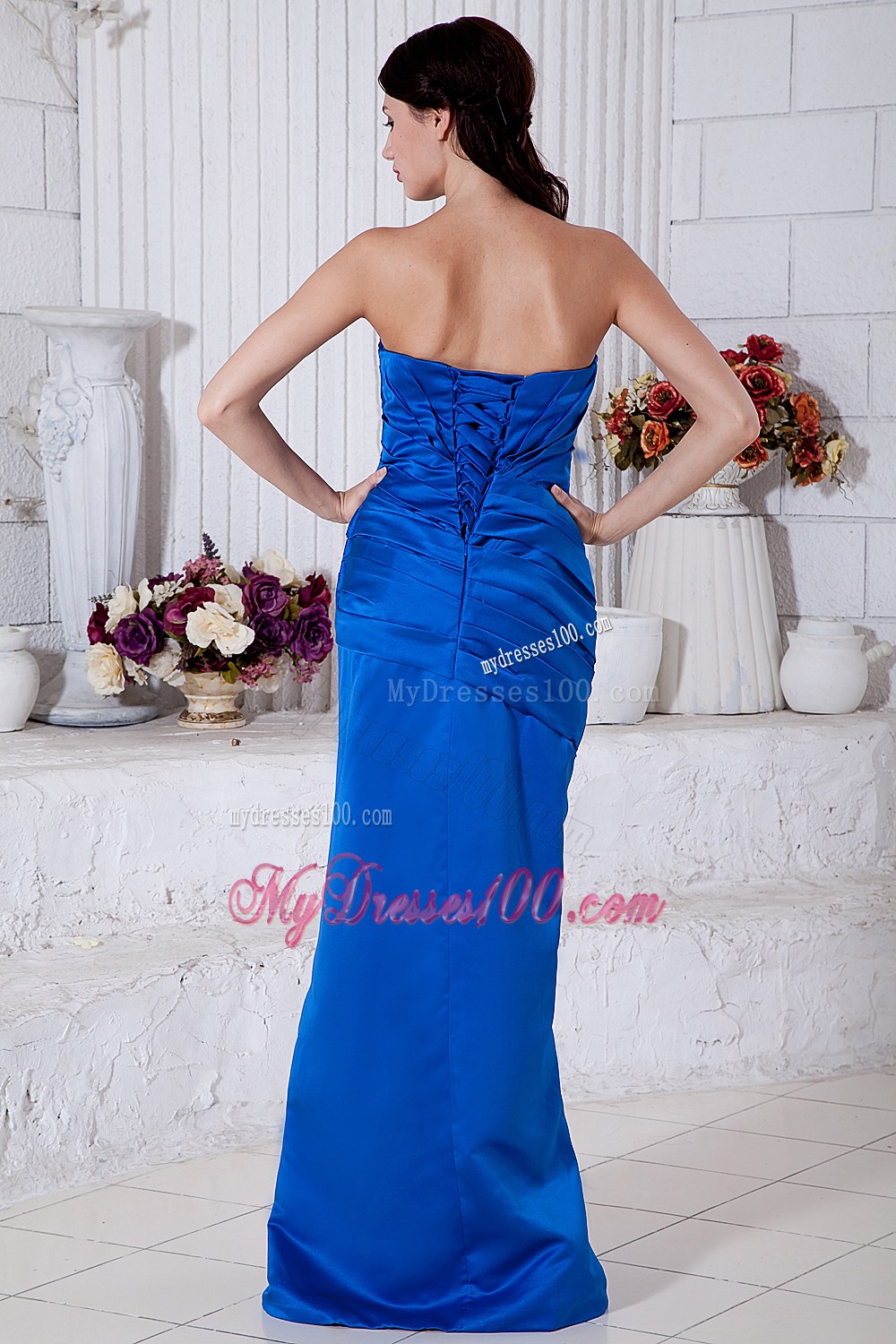 Royal Blue Column Strapless Ruched Bridesmaid Dress with Brush Train
