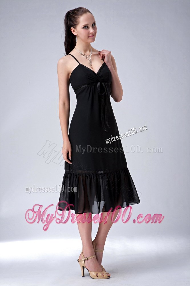 Black Column Straps Ruche Tea-length Chiffon Bridesmaid Dress