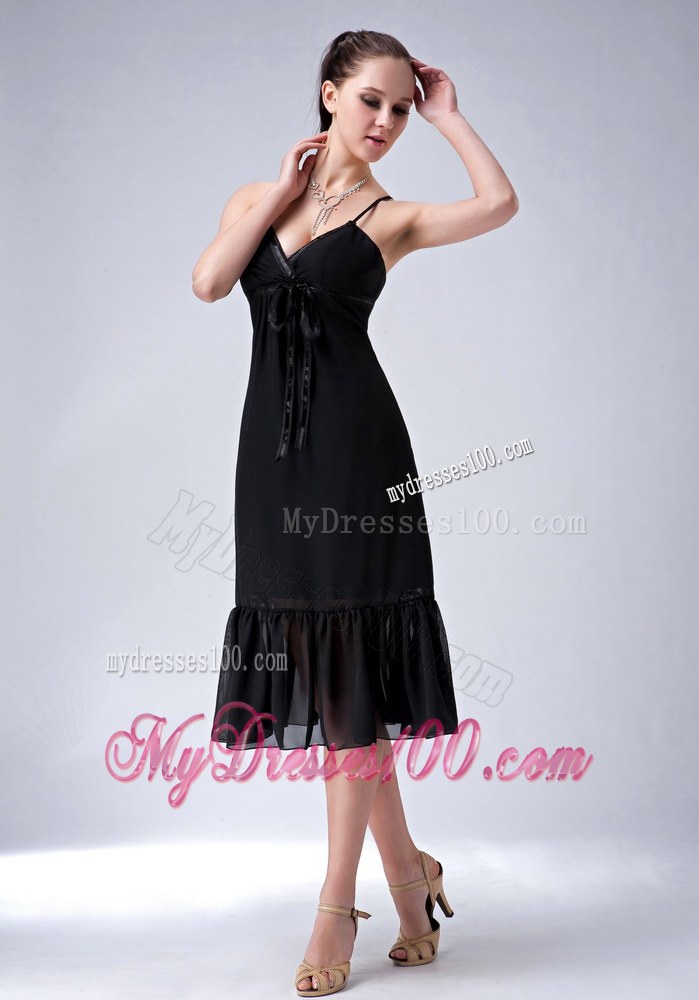 Black Column Straps Ruche Tea-length Chiffon Bridesmaid Dress