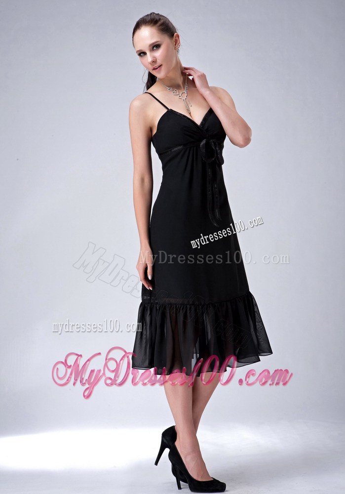 Black Column Straps Ruche Tea-length Chiffon Bridesmaid Dress