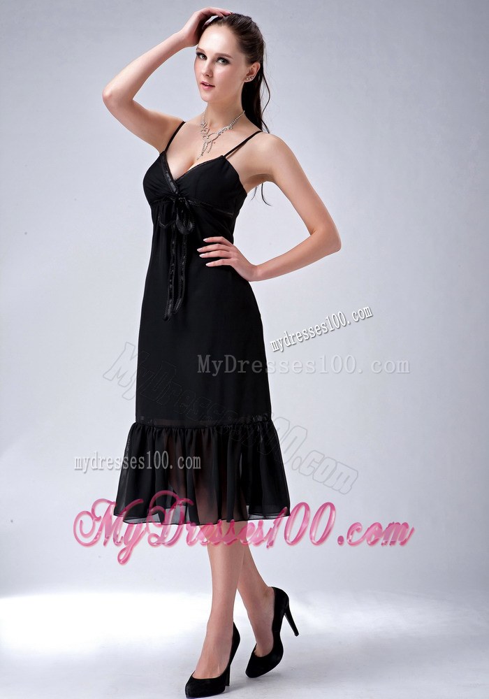 Black Column Straps Ruche Tea-length Chiffon Bridesmaid Dress