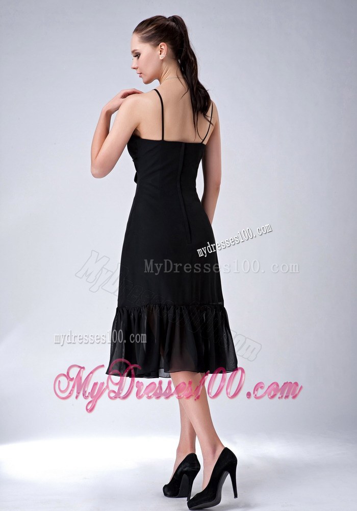 Black Column Straps Ruche Tea-length Chiffon Bridesmaid Dress
