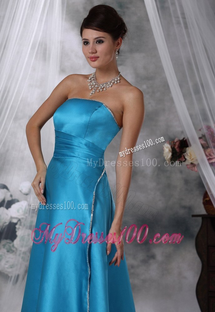 Beads Decorate Apron Strapless Teal Bridesmaid Dress for Wedding