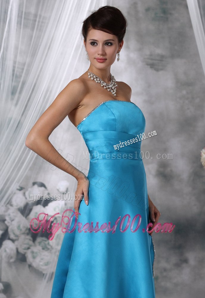 Beads Decorate Apron Strapless Teal Bridesmaid Dress for Wedding
