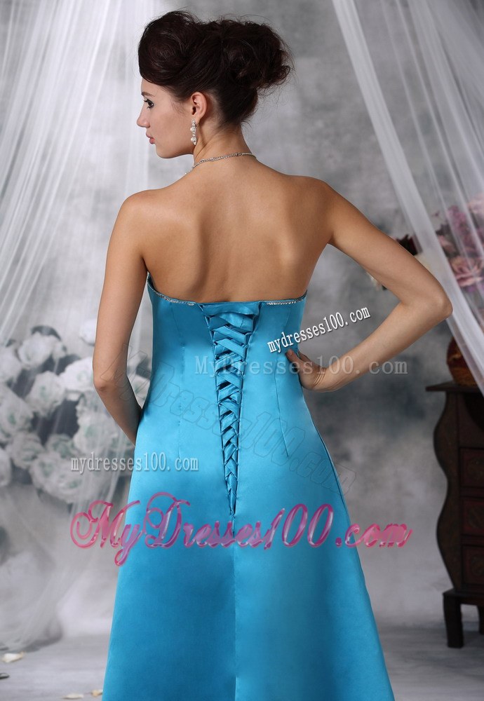 Beads Decorate Apron Strapless Teal Bridesmaid Dress for Wedding