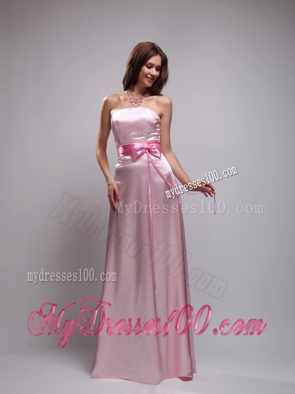 Baby Pink Empire Strapless Bridemaid Dress with Beading and Bowknot