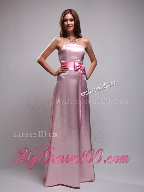 Baby Pink Empire Strapless Bridemaid Dress with Beading and Bowknot