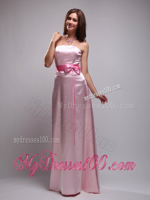 Baby Pink Empire Strapless Bridemaid Dress with Beading and Bowknot