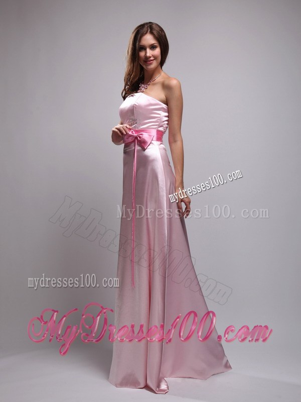Baby Pink Empire Strapless Bridemaid Dress with Beading and Bowknot