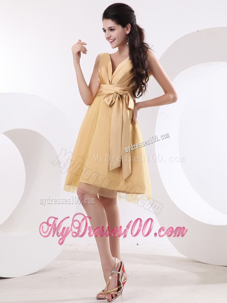 V-neck Champagne Sash Bridesmaid Dress With Tulle and Satin