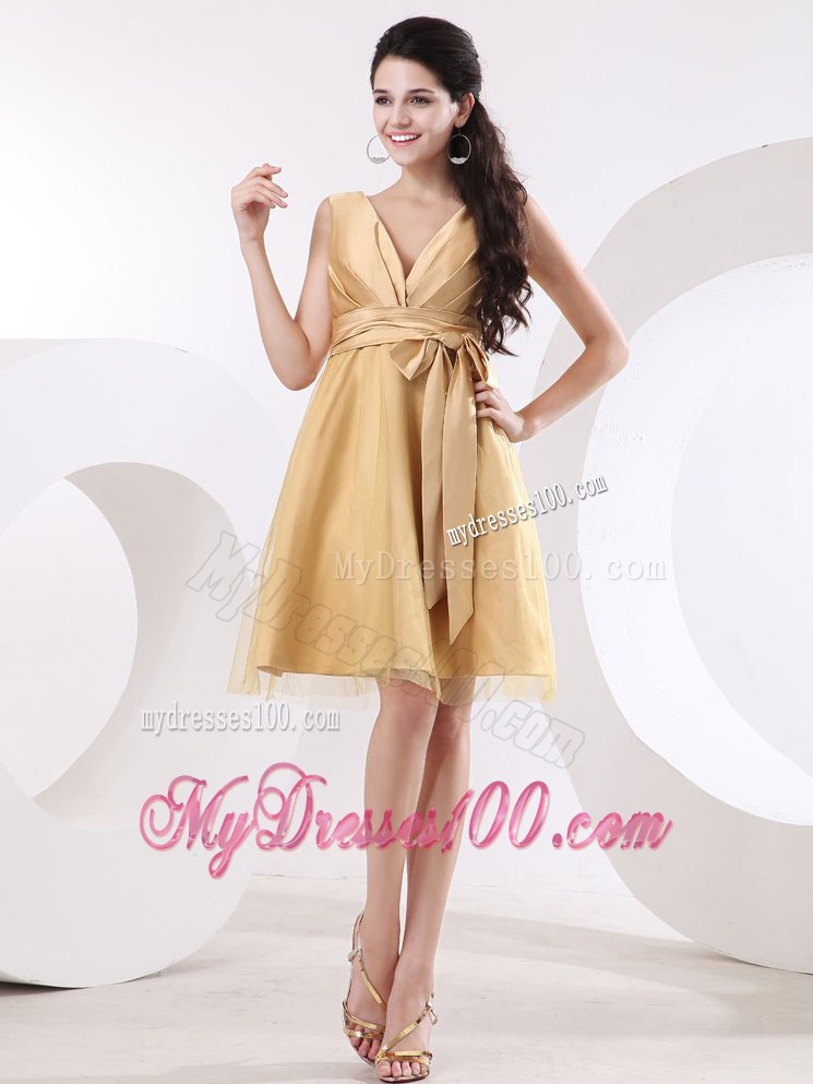 V-neck Champagne Sash Bridesmaid Dress With Tulle and Satin