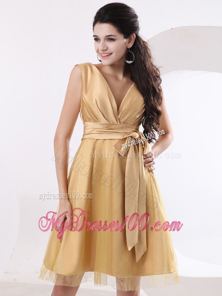 V-neck Champagne Sash Bridesmaid Dress With Tulle and Satin
