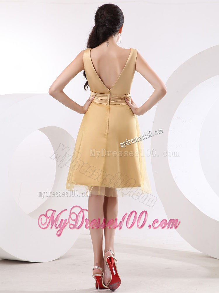 V-neck Champagne Sash Bridesmaid Dress With Tulle and Satin