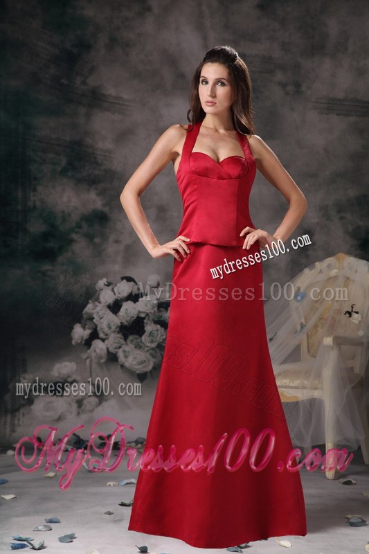 Wine Red Halter Column Floor-length Satin Bridesmaid Dress