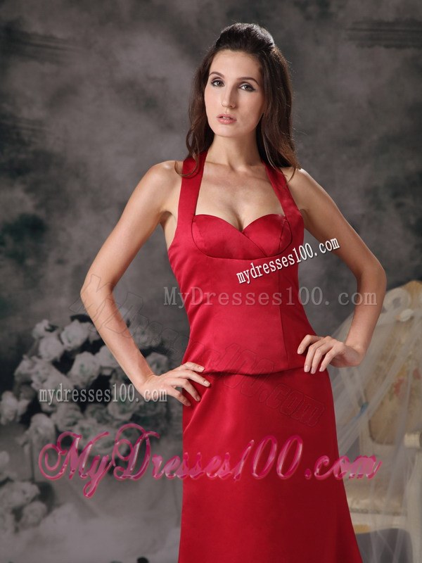 Wine Red Halter Column Floor-length Satin Bridesmaid Dress