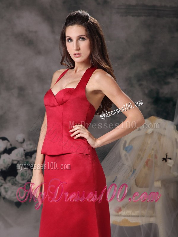 Wine Red Halter Column Floor-length Satin Bridesmaid Dress