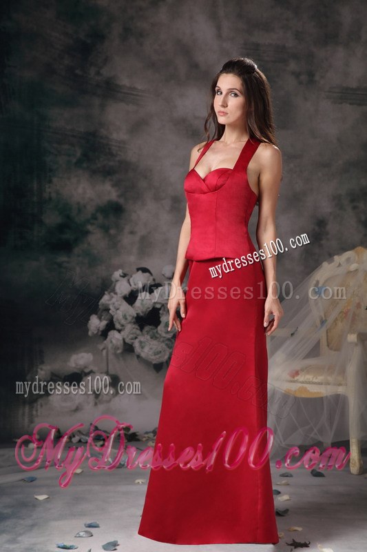 Wine Red Halter Column Floor-length Satin Bridesmaid Dress