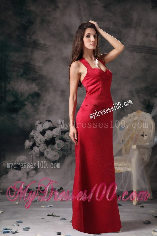 Wine Red Halter Column Floor-length Satin Bridesmaid Dress