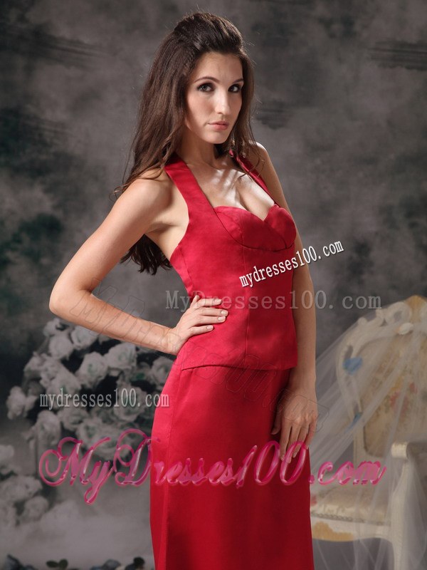 Wine Red Halter Column Floor-length Satin Bridesmaid Dress