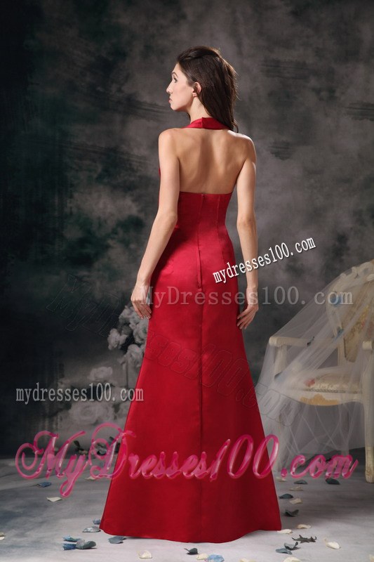 Wine Red Halter Column Floor-length Satin Bridesmaid Dress