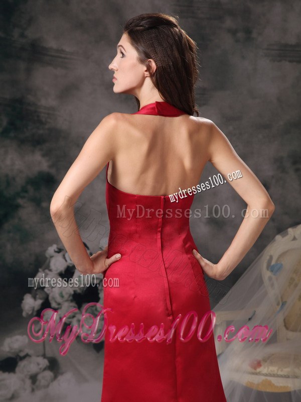 Wine Red Halter Column Floor-length Satin Bridesmaid Dress