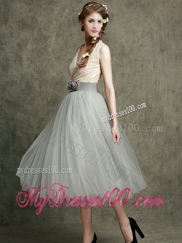 Wonderful Hand Made Flowers and Belted Bridesmaid with Tea Length