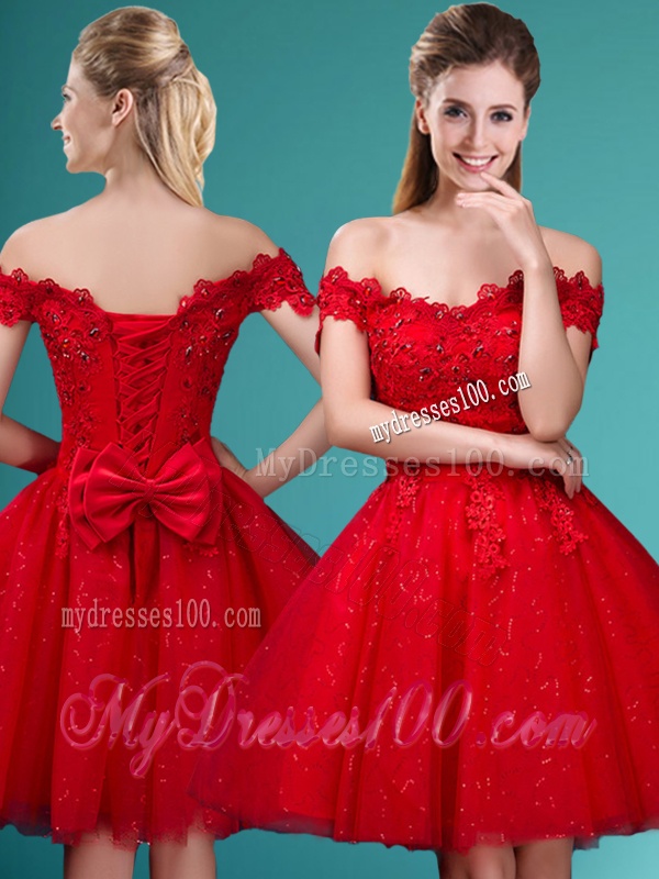 Wonderful Off the Shoulder Cap Sleeves Bridesmaid Dress with Beading and Bowknot
