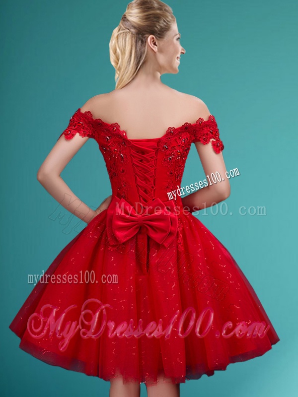 Wonderful Off the Shoulder Cap Sleeves Bridesmaid Dress with Beading and Bowknot