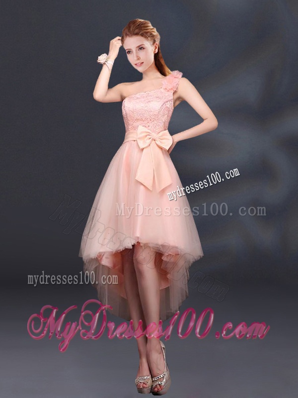 2016 Bowknot High Low Lace Up Bridesmaid Dress with One Shoulder