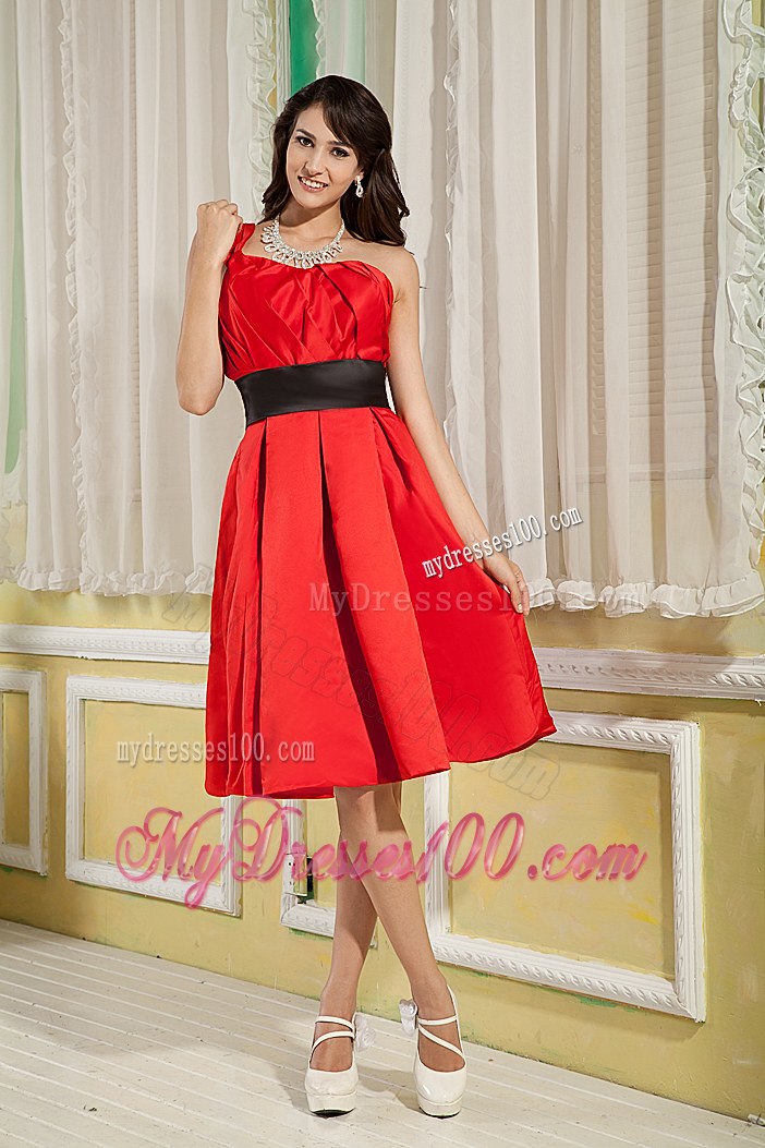 Red A-line One Shoulder Sash Decorate Bridesmaid Dress Under 100