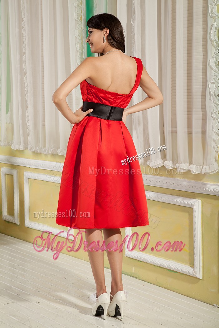 Red A-line One Shoulder Sash Decorate Bridesmaid Dress Under 100
