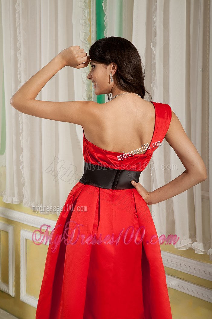 Red A-line One Shoulder Sash Decorate Bridesmaid Dress Under 100