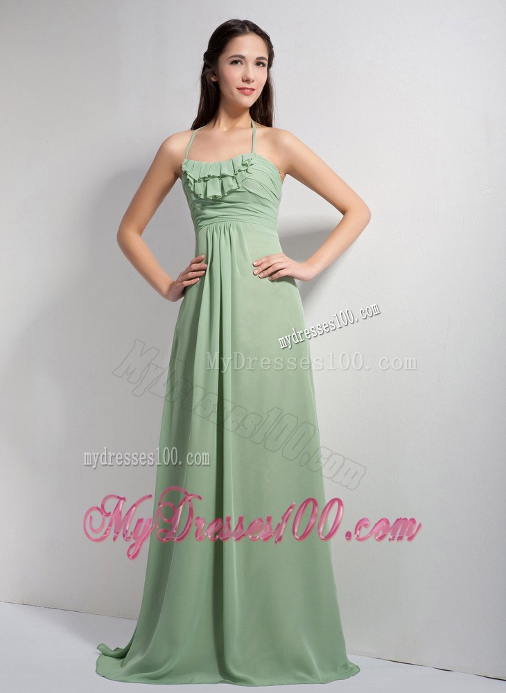 Apple Green Empire Halter Bridesmaid Dress Ruche Decorate with Brush