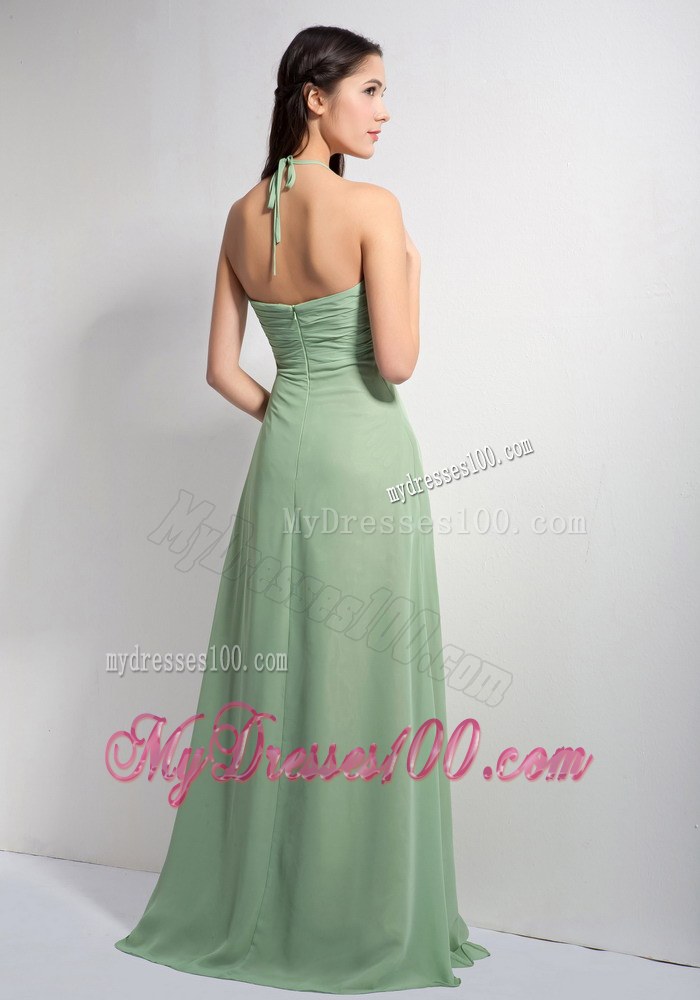 Apple Green Empire Halter Bridesmaid Dress Ruche Decorate with Brush