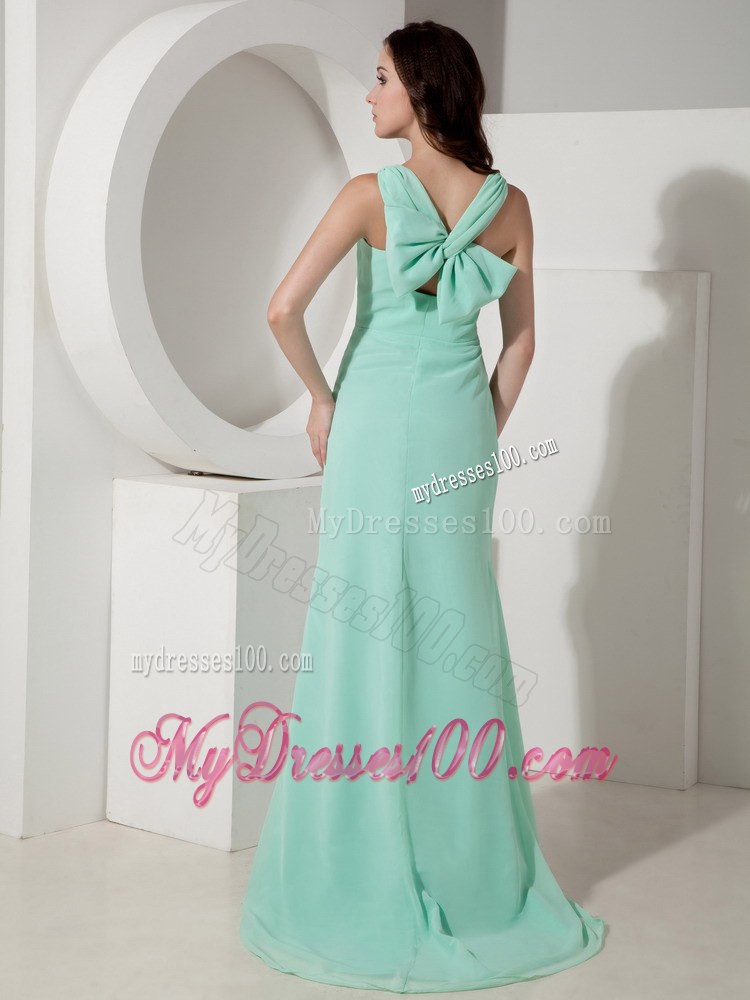 Simple Apple Green Bridesmaid Dress Column V-neck Style with Sweep