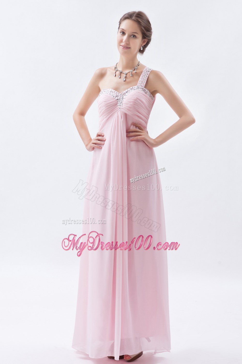 Baby Pink Empire One Shoulder Bridesmaid Dress Beading Decorate